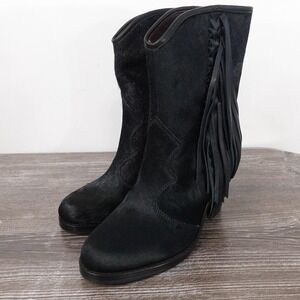 New! Frye Corinne Fringe Haircalf Boots Womens Size 6 Black Mid-Calf Western